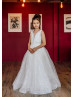 V Neck Ivory Tulle Pearls Floor Length Flower Girl Dress